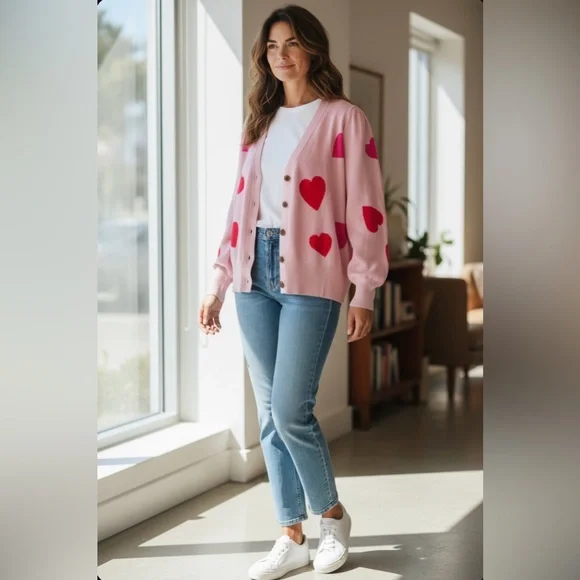 💕 Pink Heart Patterned Women's Button-Up Sweater - size XL - Picture 2 of 16